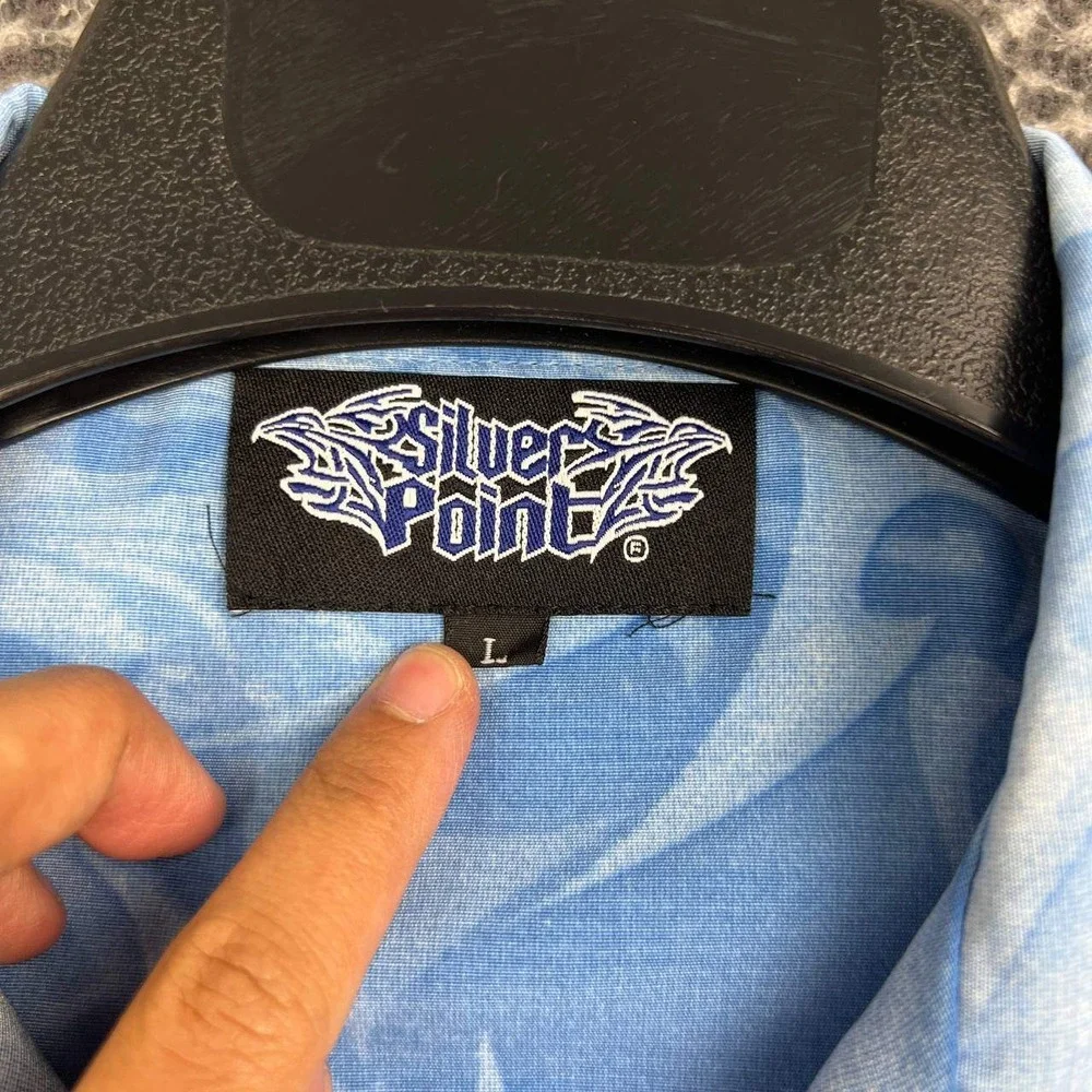 Silver Point Button Up Shirt Youth Large Blue Dragon Tribal Graphic Y2K Cyber
